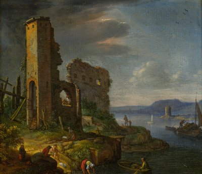 Rivierlandschap met ruïnes, boten en figuren door Herman Saftleven